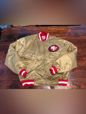 STARTER Gold Satin Puffer Jacket with Red & White Trim